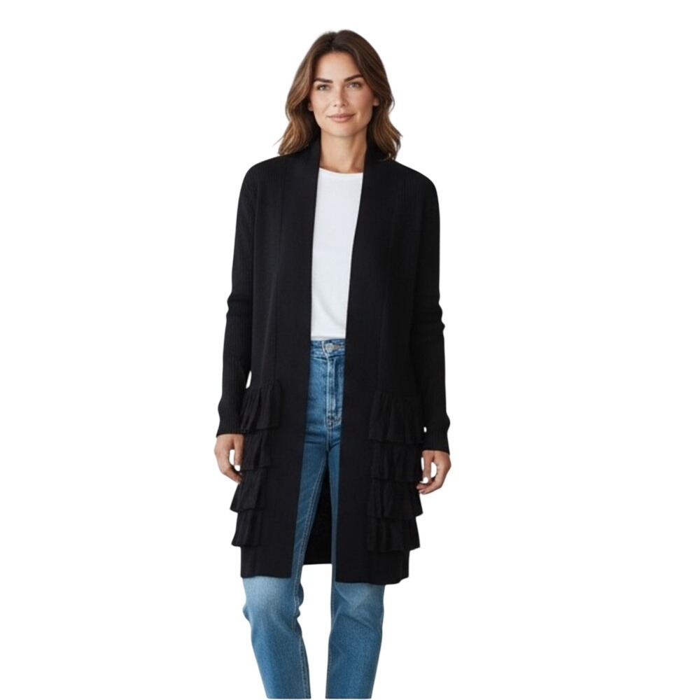 Escio Elegant‎ Black Women's Cardigan w/ Ruffle Details/Ribbed Minimalist Sz M